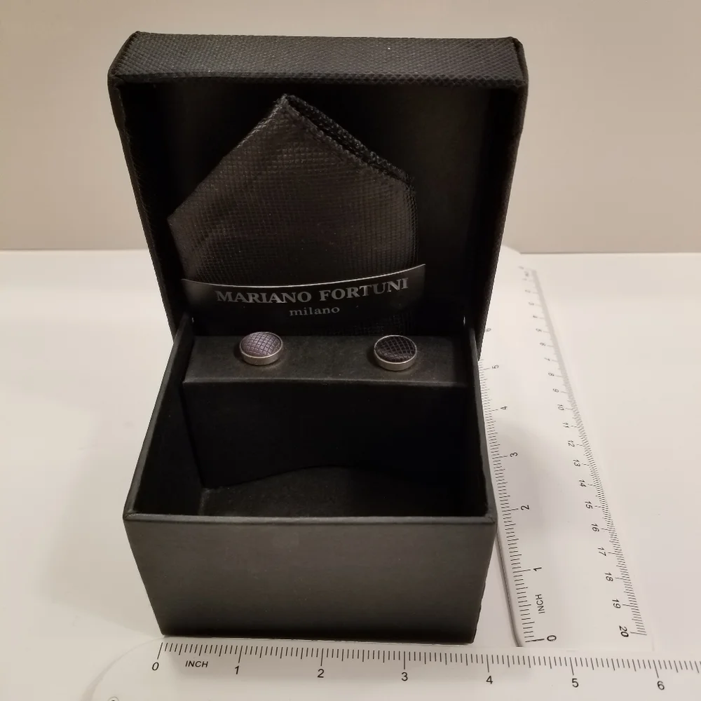 ✅Mariano Fortuni Milano Silk Pocket Square, Cuff Links, Tie, Box